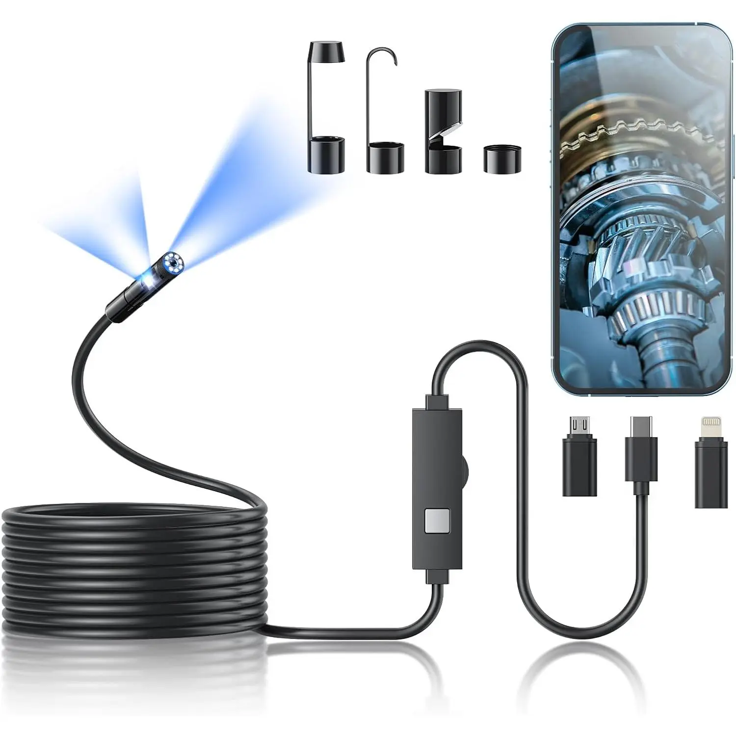 1920P HD Endoscope Camera with Light, Dual Lens Borescope Inspection Camera with 8 Adjustable LED Lights, IP67 Waterproof Semi-Rigid Snake Camera for iOS Android Devices, 16.4FT Cable