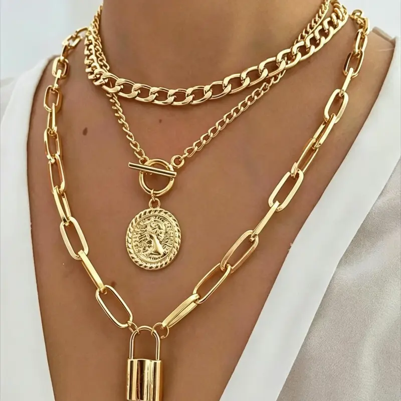 3-Piece Layered Necklace Set, Women's Vintage Elegant Engraved Round Pendant Alloy Necklaces, Creative Clasp Charm, Dainty Jewelry Accessories, Link Chain Jewelry