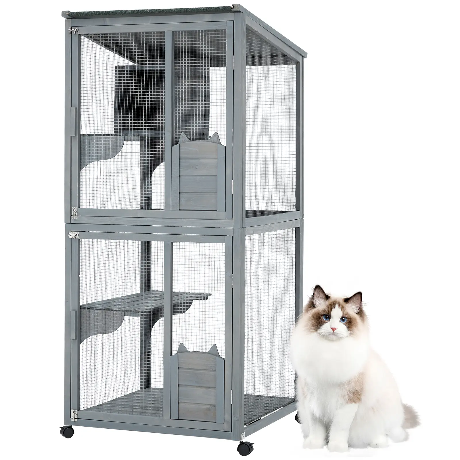 Weatherproof Multi-Level Cat Catio Enclosure – 69" Spacious Wooden Cat House with Roof, Lockable Wheels, Resting Boxes & Platforms for Multiple Cats – Indoor/Outdoor Pet Shelter