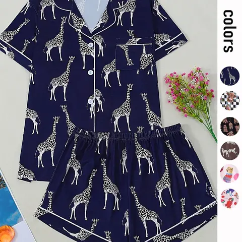 Women's Cute Giraffe Print Pajama Set, Short-Sleeve & Shorts, All Seasons, Soft Comfortable Homewear, Button Front Casual Loungewear, PJ Set