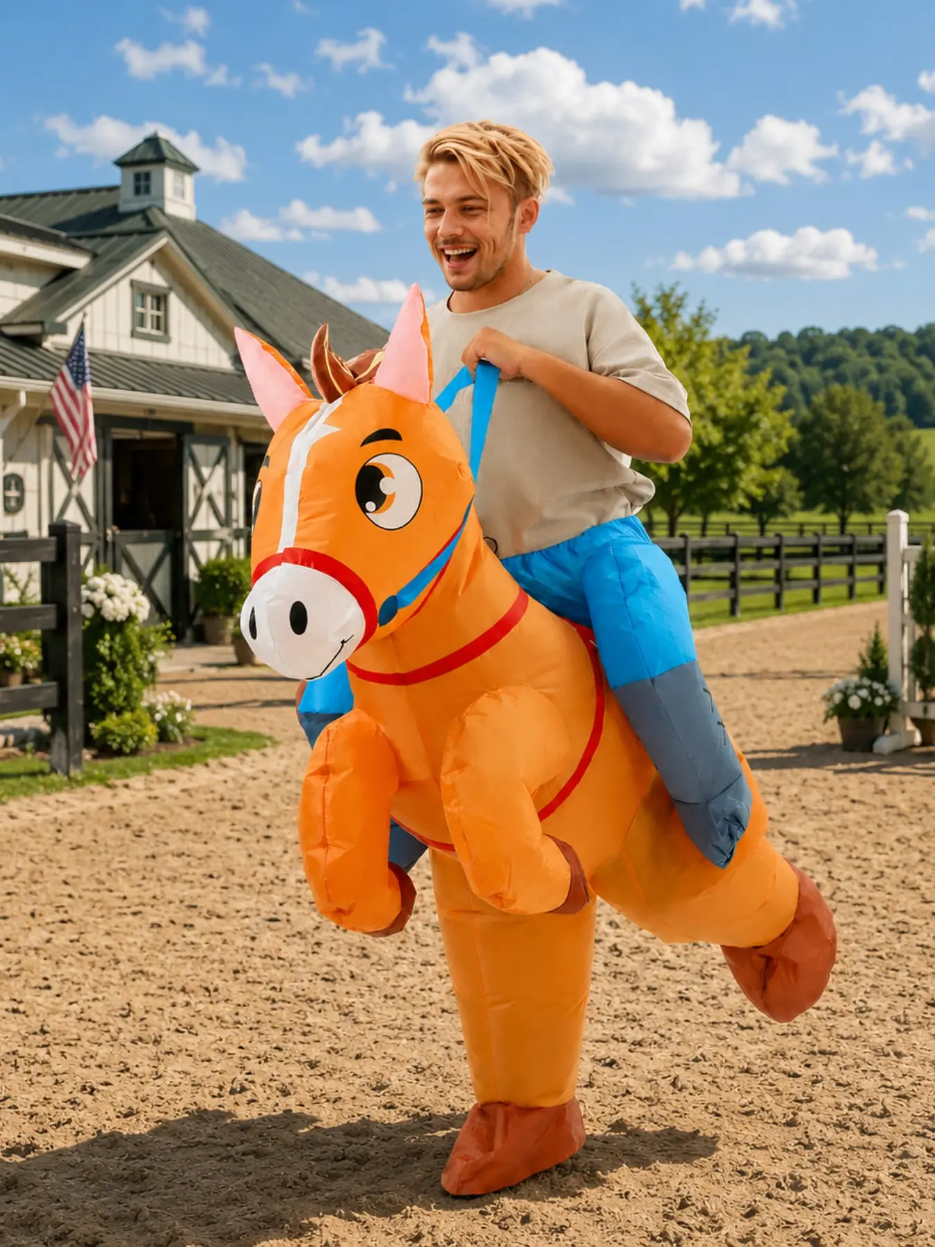 Funny Inflatable Horse Cosplay Costume for Adults, Ride-On Blow-Up Cowboy Horse Suit, Perfect for Halloween and Western Parties