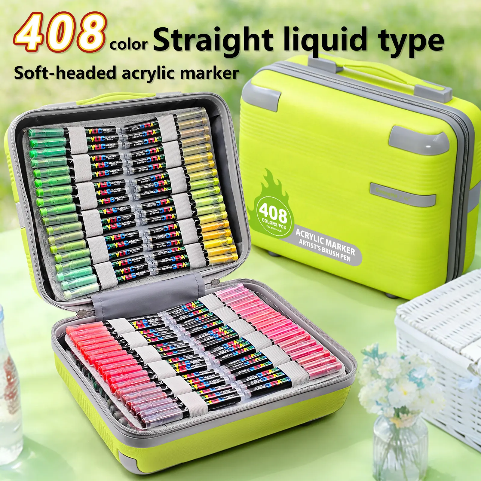 Guangna Acrylic Marker Pens, 408 Colors, Portable Case, Soft Tip, Auto Ink System, Ideal for Art, DIY, Canvas, Wood, Glass, Fabric, Back-To-School Season