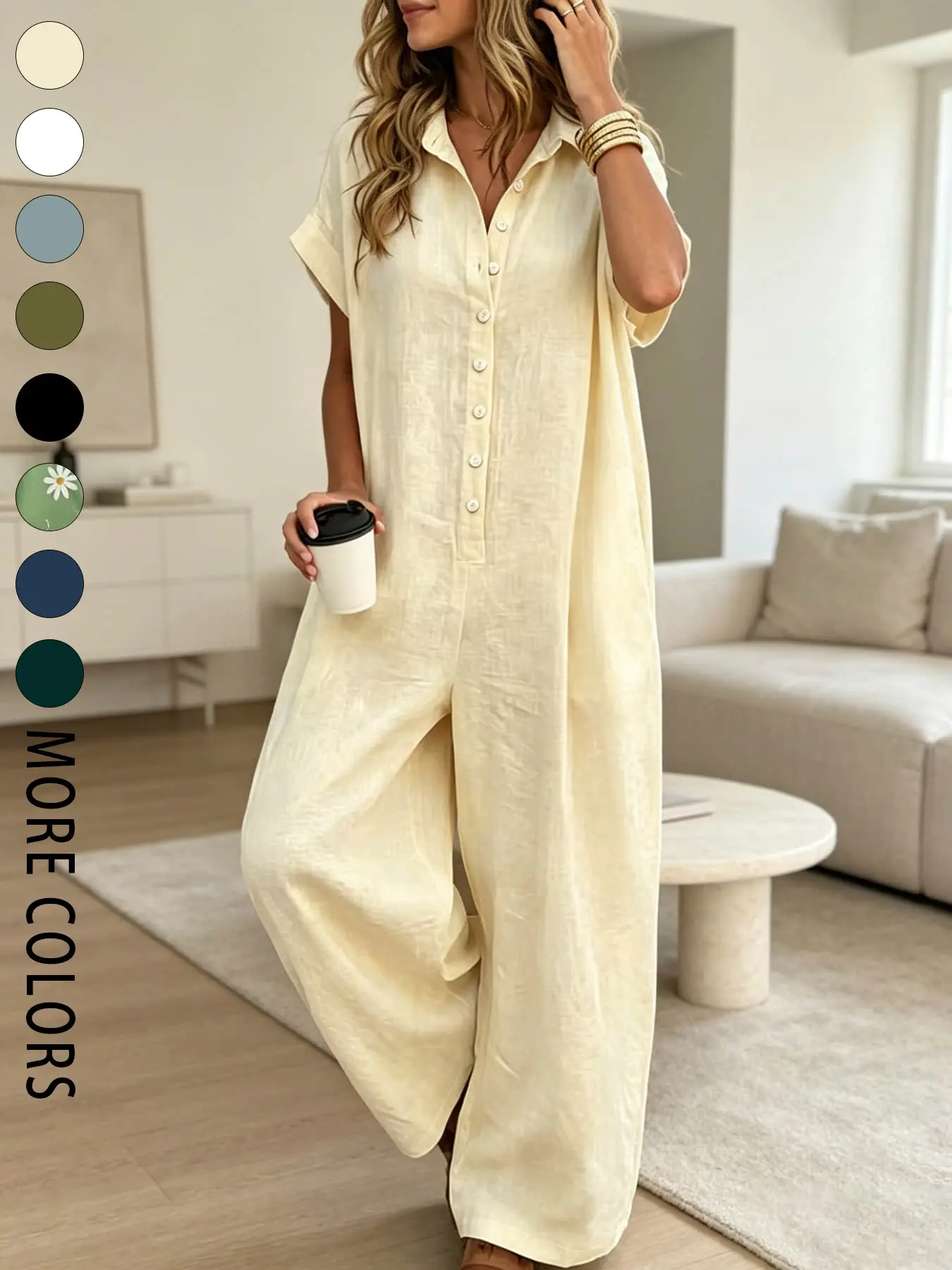 Women's Fashion French Style Chic Minimalist Loose-fit Oversized Jumpsuit with Button Design, Casual Wide-leg Jumpsuit for Summer, Womenswear, Suitable for Home, Outings, Vacation and Daily Commute, Holiday Jumpsuit