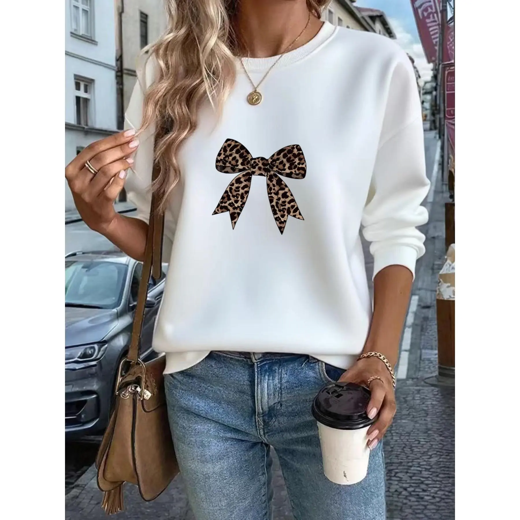 Leopard Print Bow Graphic Sweatshirt, Elegant Coquette Crew‑Neck Pullover, Fashion Bow Long‑Sleeve Tops, Loose‑Fit Casual Fall Winter Outfit For Women