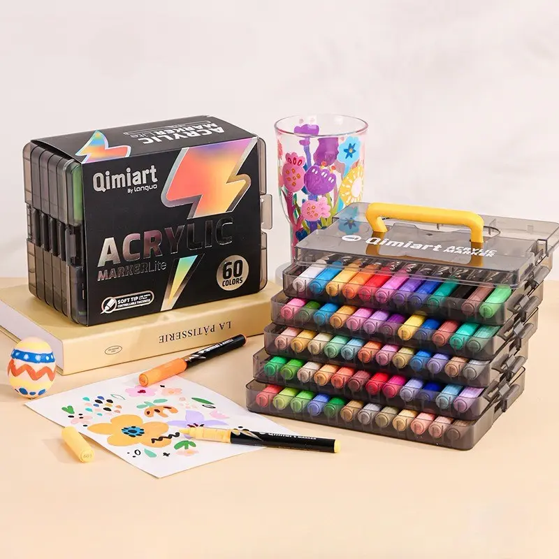 Qimiart Liquid Direct Ink Acrylic Marker Set, Artist Supplies, Coloring Supplies, Art Drawing Supplies, 24/36/60 Vibrant Colors, Waterproof Permanent Markers, Portable Stackable, Hand Lettering