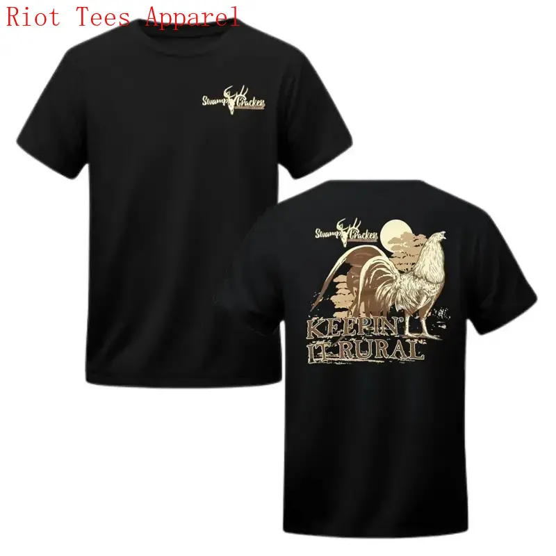 Men's 2-Sided Rooster Graphic Tshirt, Soft 100% Cotton Shortsleeve Hunting Tops, Breathable Crew Neck with Durable Hem, Gift for Hunter, Casual, Fabric, Menswear, Round Neck, Ribbed