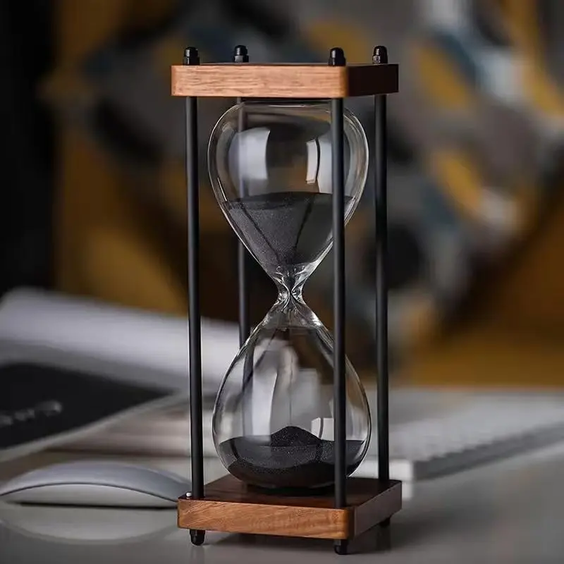 Large Glass Hourglass Timer with Wooden Frame, Decorative Meditation Sand Timer for Relax, Relaxation, Focus, and Productivity, Home and Office Decor