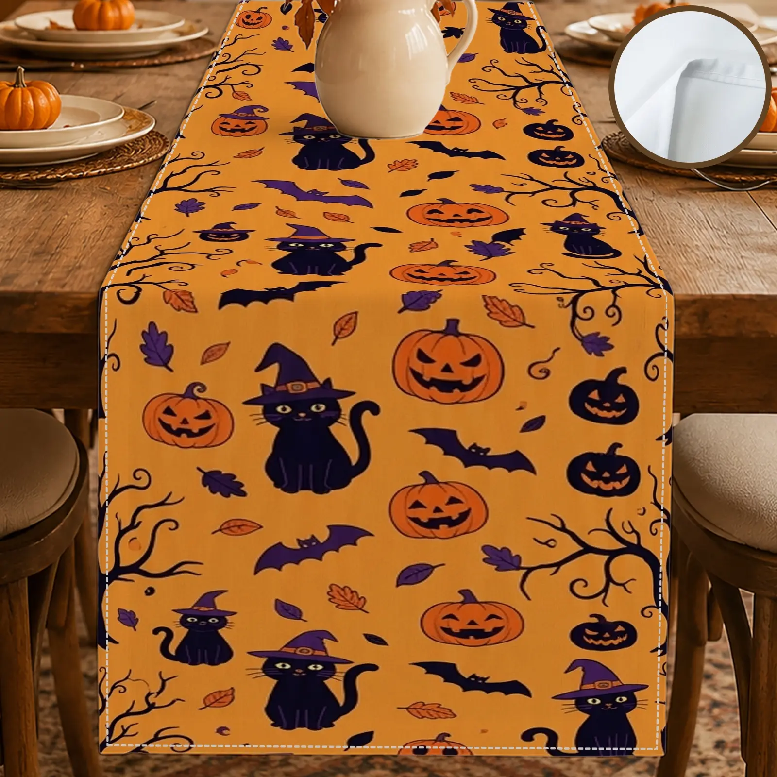1pc Pumpkin Black Cat Bat Table Runner, Halloween Style, Seasonal Graphic Print, for Dining Table Halloween Party Home Decor Seasonal Table Decor