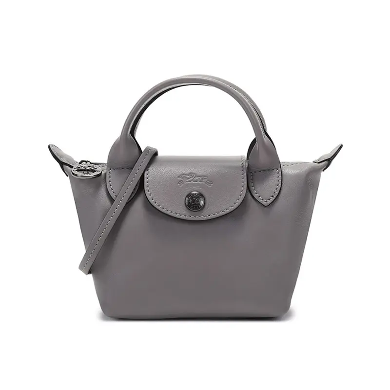 Longchamp Le Pliage Cuir Mini Handbag for Women, Minimalist Style, Pigeon Gray Lamb Leather