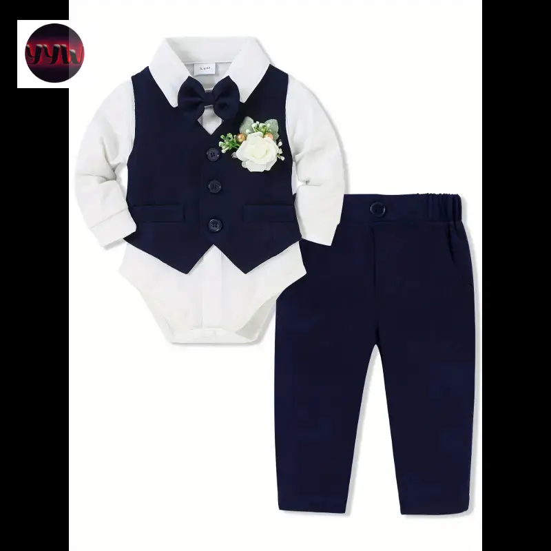 YYW1 5pcs Baby Boys Infant Long Sleeve Gentleman Suit Suit Baby Boys Holiday Party Dress Bodysuit, Vest, Pants, Bow Tie, Corsage 0-18m Soft And Comfortable Cotton Toddler Clothing