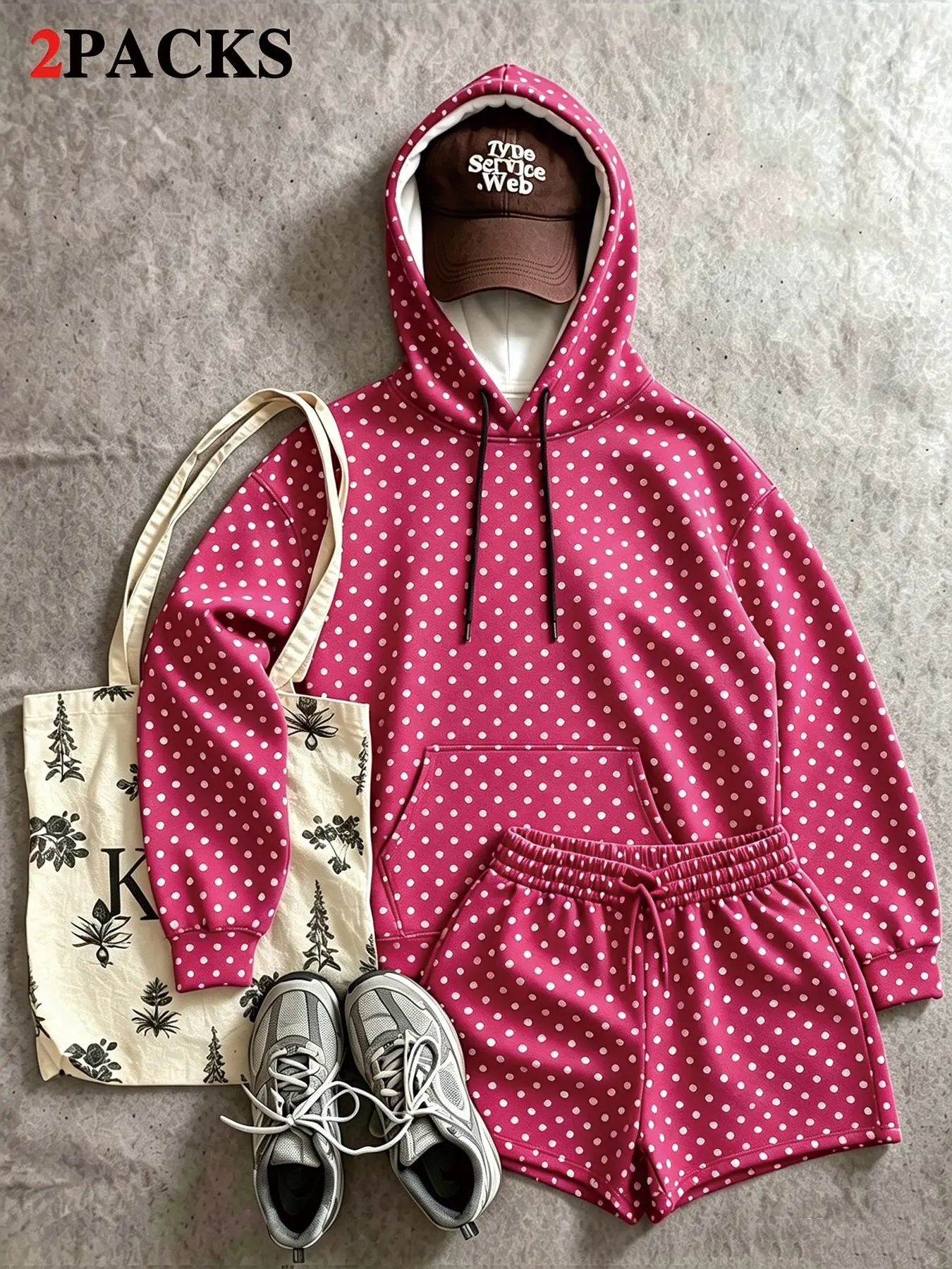 Women Polka Dot Hoodie and Shorts Set, Soft Casual Fabric, Retro Dot Design, Ideal for Daily Outings, Loungewear, Vacation