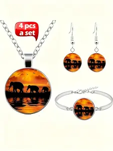 4 Pcs / Set DIY Jewelry, Elephant Pattern Glass Zinc Alloy Necklace Earrings Bracelet, Perfect Gift for Women, Weddings, Birthdays, Holidays