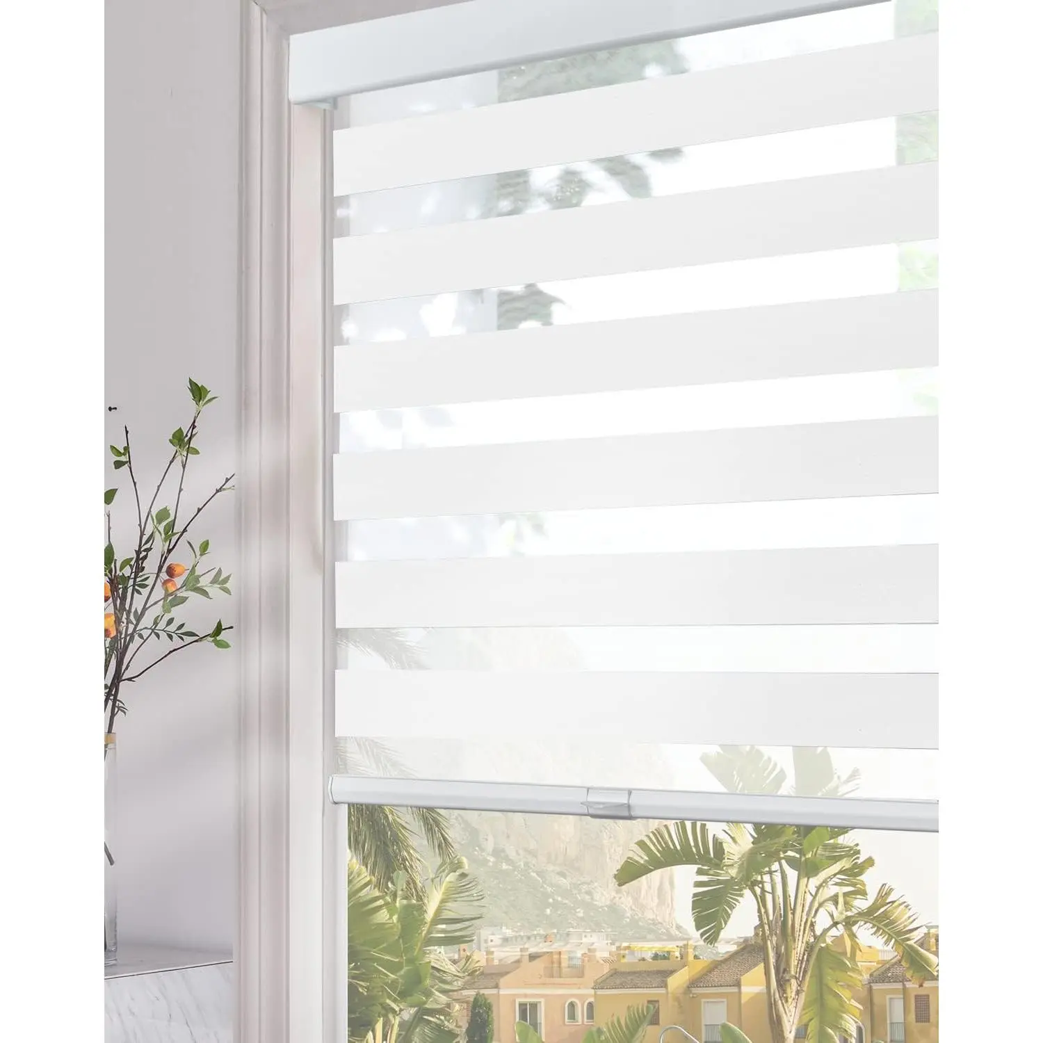 Cordless Zebra Blinds for Windows 27" W x 72" H White, Upgraded Cassette Light Filtering Dual Layers Day & Night Sheer Roller Shades, Thermal Insulated Blinds for Home Office