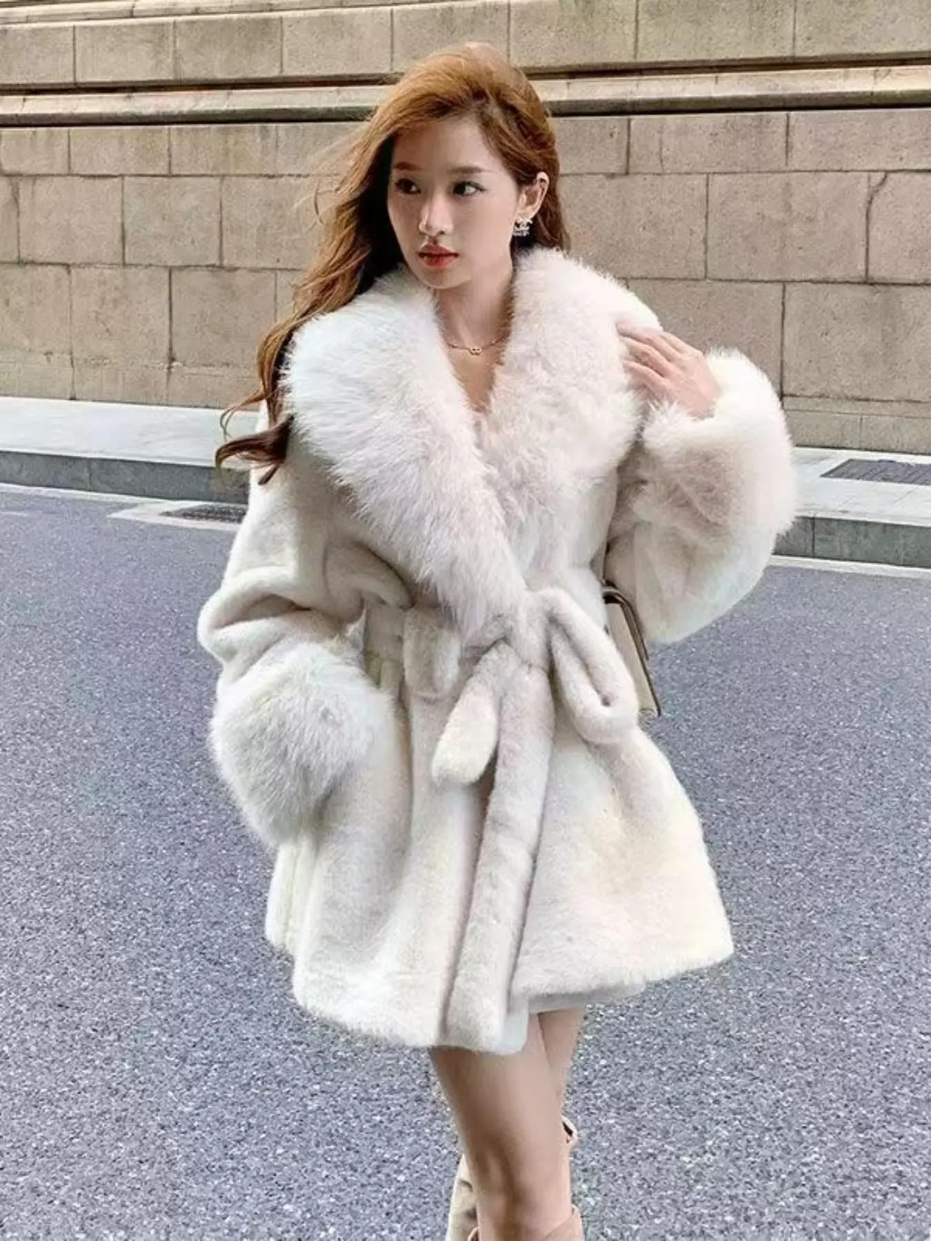 Women's Mid-Length Faux Fur Coat with Hat, Casual Warm Winter Jacket, Fashionable Belted Outerwear for Cold Weather, Chic