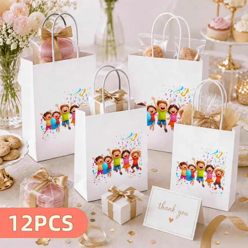 12 children's party favor gift bags with colorful paper patterns and handles, suitable for birthday celebrations and thank-you gifts, size 15X8X 21cm