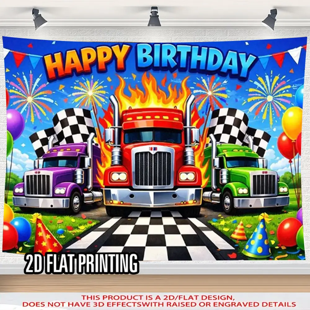 2D Flat Design Happy Birthday Racing Truck Polyester Photography Backdrop - HD Print, Soft, Lightweight, Foldable, Machine Washable Banner Cloth for Birthday Parties, Photo Booths, Display, Printing