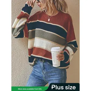 ��Plus Size�� Patchwork Print Drop Shoulder Sweater, Casual Long Sleeve Round Neck Jumper for Fall & Winter, Women's Clothing for Daily Wear