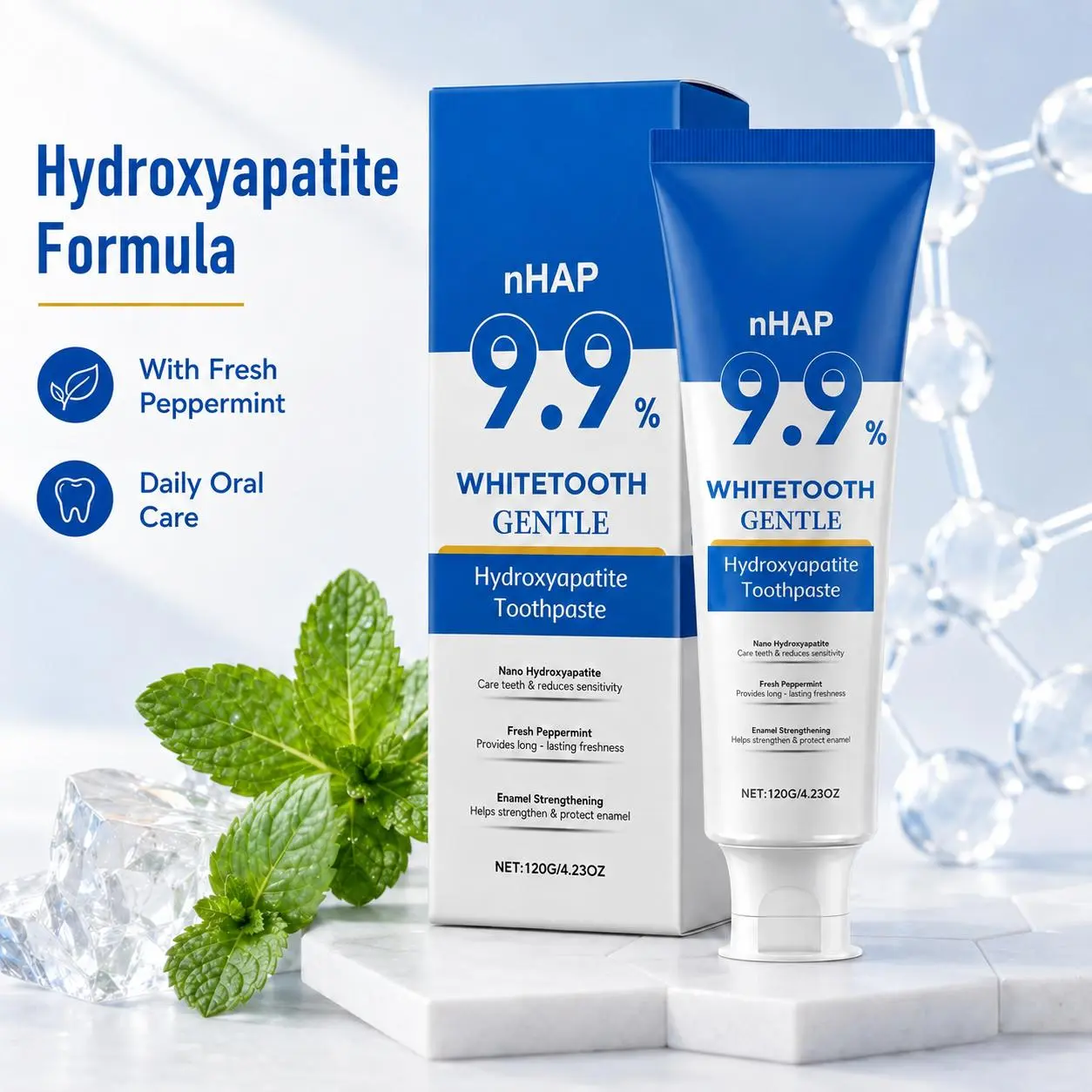 9.9% Nano Hydroxyapatite Toothpaste, Fluoride-Free Anti-Cavity Formula for Teeth Whitening and Enamel Strengthening, for Adults with Sensitive Teeth, Fresh Mint, 120g