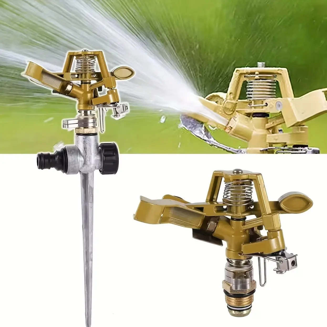 Aluminum Alloy Ground Stake + Zinc Alloy Swing Arm Nozzle, 360° Auto Rotation, Large Area Coverage, Garden Irrigation, Lawn Watering