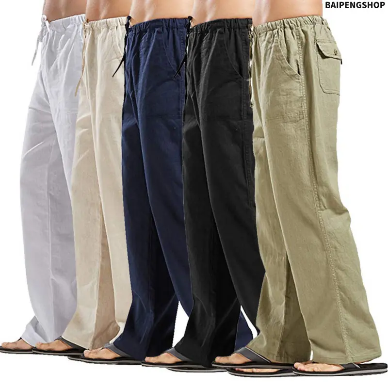 Men's Solid Color Loose Fit Linen Casual Pants with Side Pockets, Lightweight Breathable Oversized Linen Bottoms, Matching Linen Outfit Set for Spring Summer Daily Beach Vacation Wear