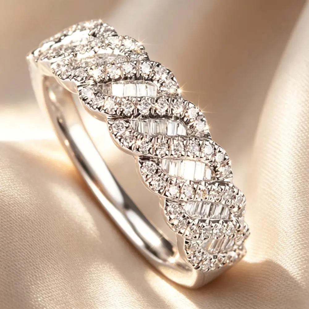 Sparkle Braided Baguette  Promise Ring for GF, Eternity Stack Band for Wedding Ring Sets, Women Jewelry As Substitute for Oval Engagement Ring & Radiant Cut Ring Engagement