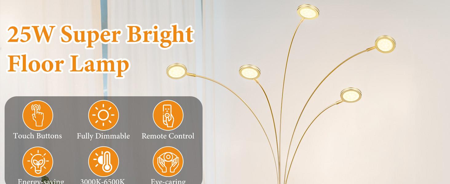 Multi-Head Tall Tree Standing Lamp, LED Arc Floor Lamp with Remote, 2250LM Dimmable Gold Floor Lamp with Timer, Adjustable Colors, Brightness & 5 Adjustable Arms for Living Room Bedroom Corner Office