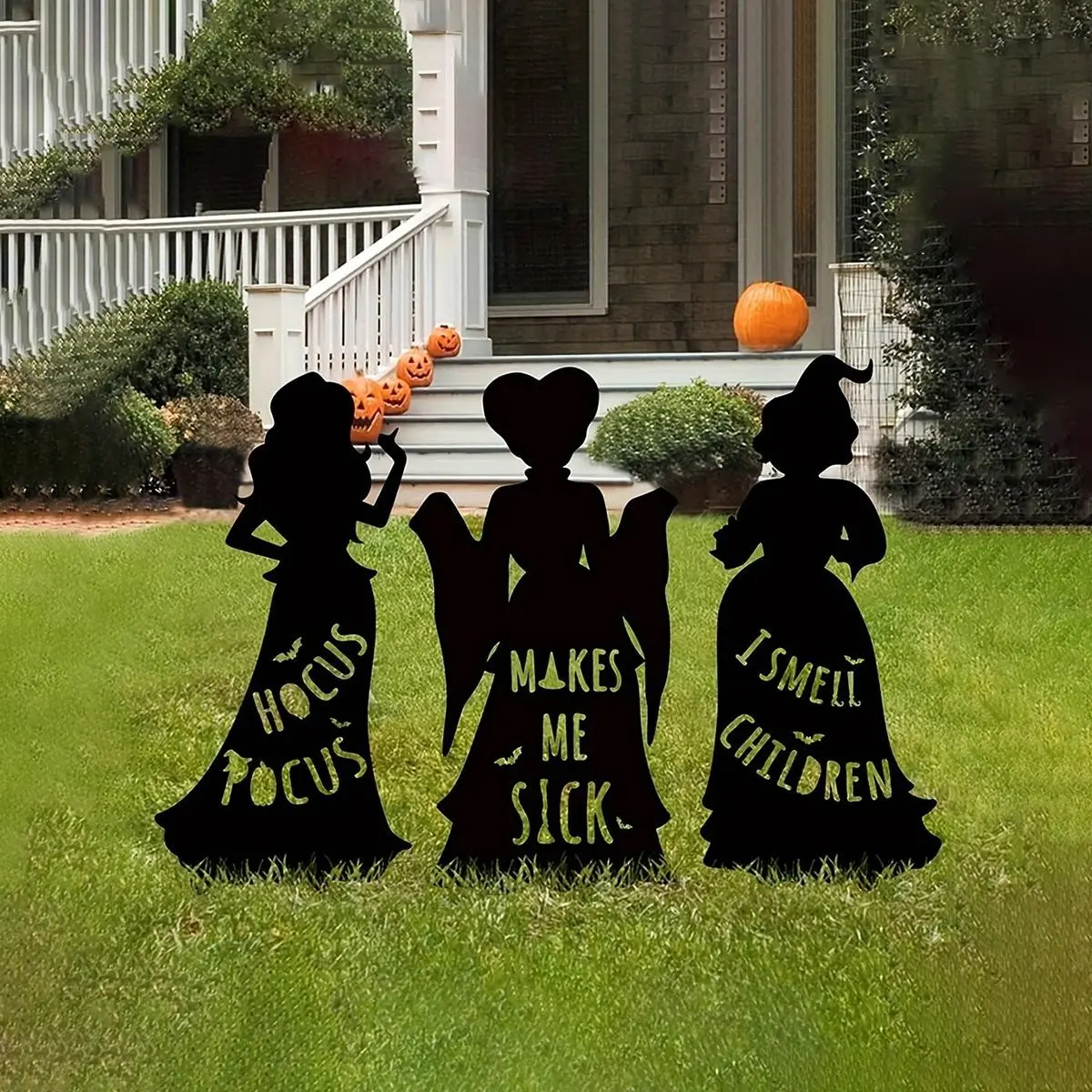 3 Piece Set 2D Witch Silhouette Garden Stakes, Halloween Outdoor Decor, Lawn and Patio Display, Hocus Pocus and I Smell Youngsters Phrases