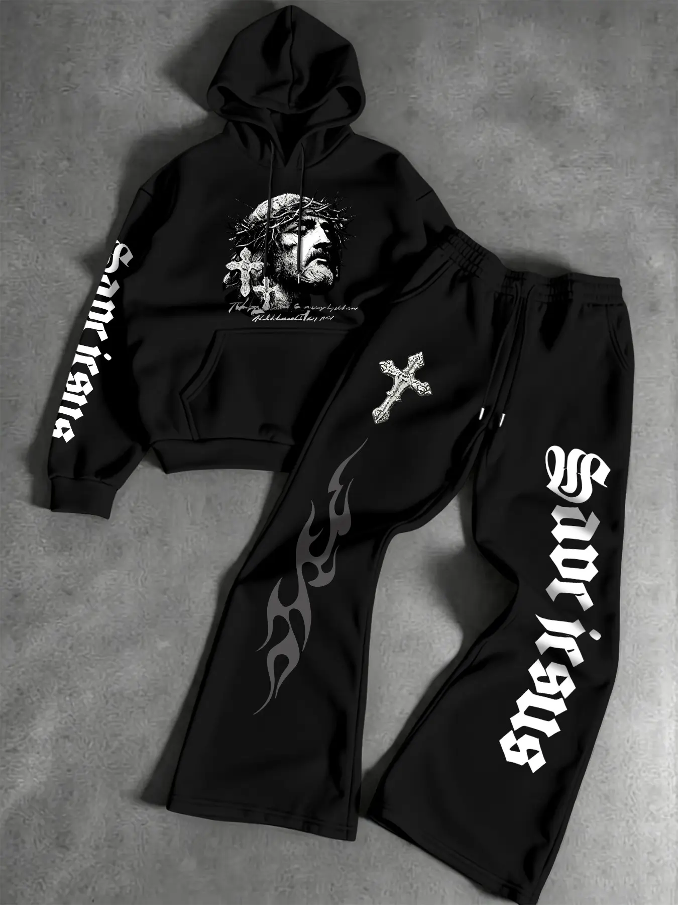 Men's Gothic Cross Jesus Print Hoodie Set, American Street Style Flame Letter Wide Leg Sweatpants, Two-Piece Loose Fit Casual Sports