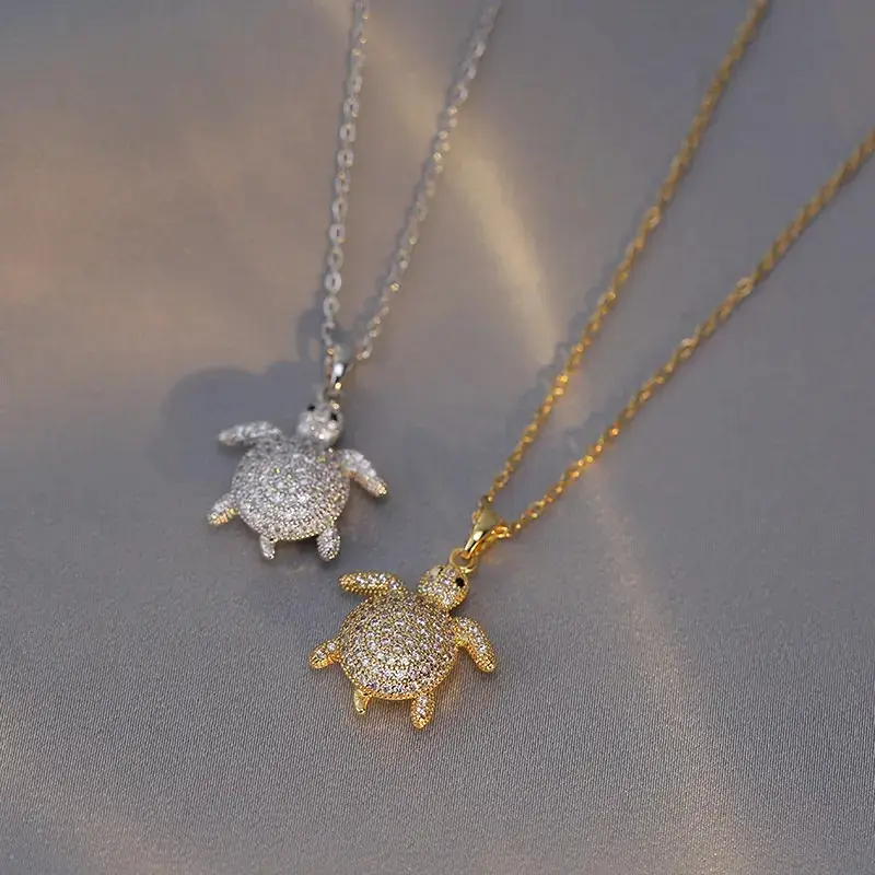 2PCS Sea Turtle Pendant Necklace Set for Women, Sparkling Zircon Ocean Inspired Jewelry, Hypoallergenic Titanium Steel, Cute Aesthetic Beachcore Necklace, Turtle Lover Birthday Gift, Matching Everyday Wear Accessories