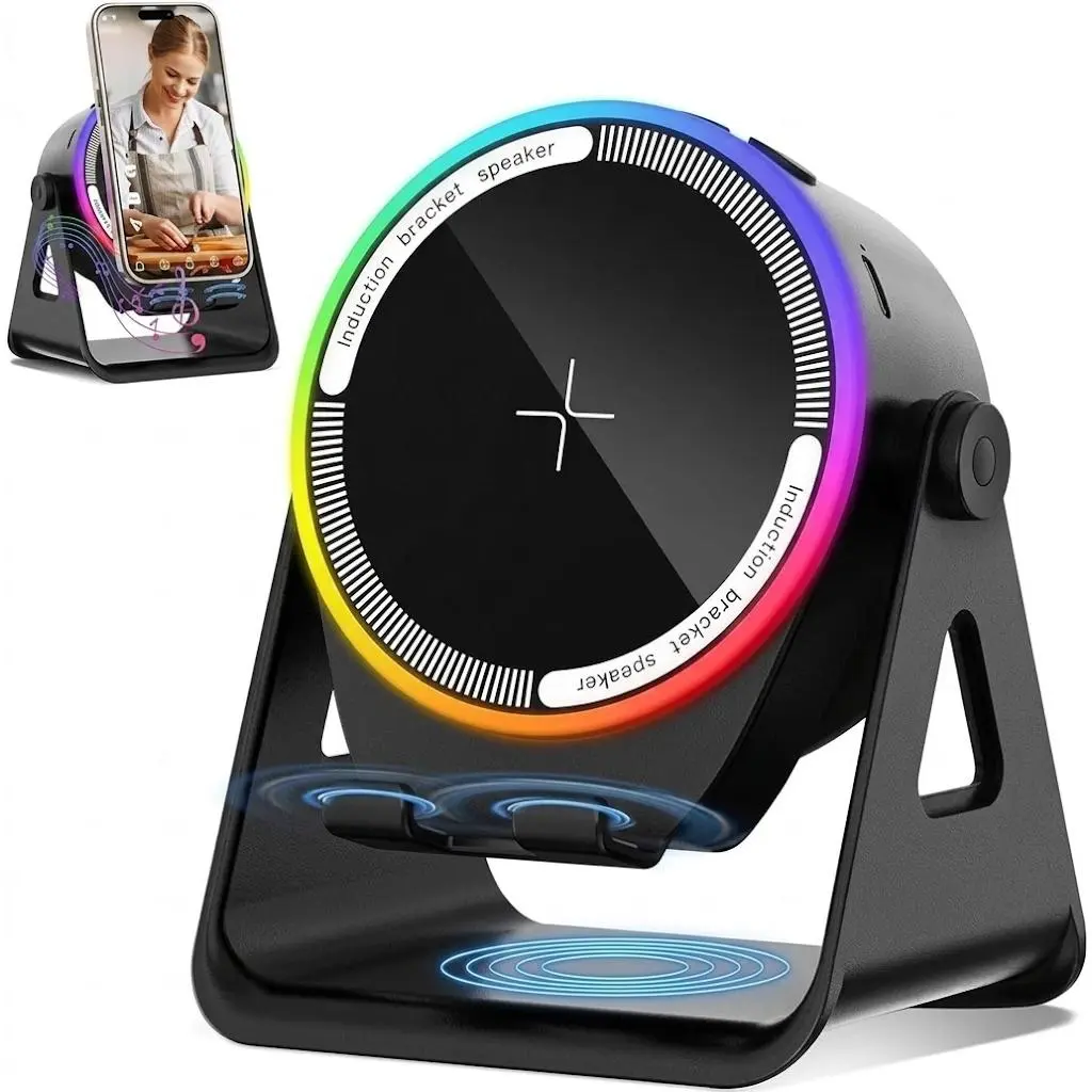 5-in-1 Speaker Bluetooth - Portable Stereo Speaker with Button Control, USB Charging Port, Cellphone Holder, 3500mAh Rechargeable Emergency Power Bank, 360° Adjustable Table Stand, Colorful Ambient Audios, Gift for Women, Usb Port, Wireless Speakers