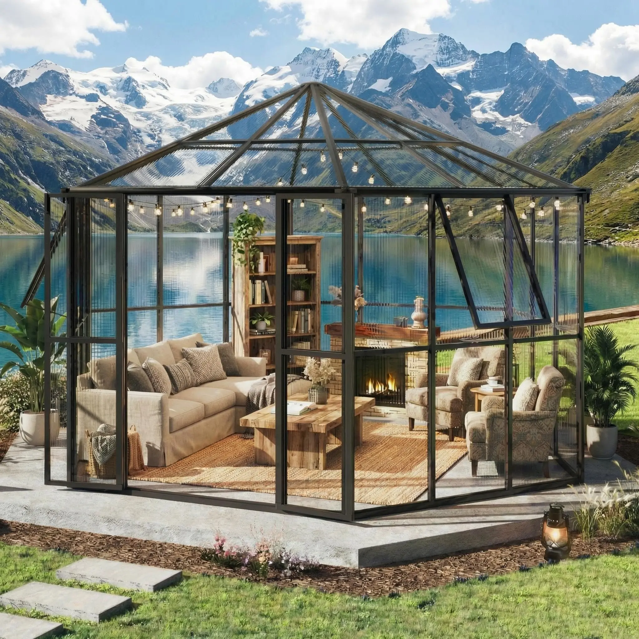 12x10x8 FT Hexagon Greenhouse, Heavy Duty Aluminum Polycarbonate Walk-in Kit with Roof Vent & Lockable Door, All-Weather Outdoor Shelter