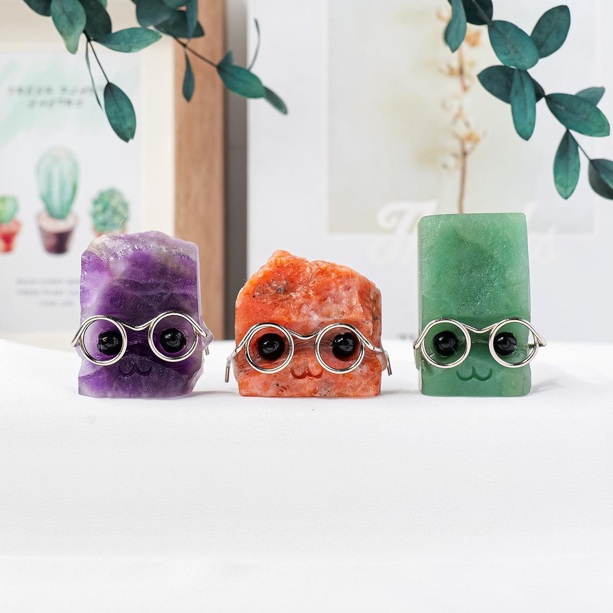 Random Color Natural Crystal Gemstone Pet Figurines with Glasses, 1/3/5 Counts DIY Handmade Crystal Carving Fengshui Sculptures, Pet Memorial Ornaments, Home Garden Decor Natural Crystal Set #GLOBAL PICKS