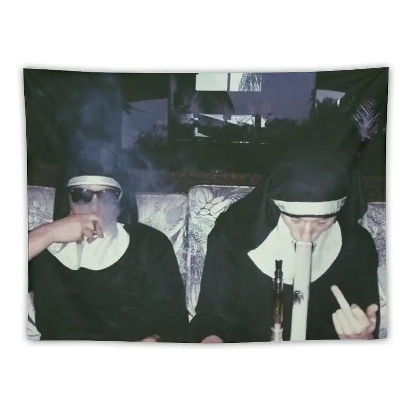 Nuns Smoking Weed Banner Flag Wall Art Hanging Solid Color Decorative Polyester Tapestry for Clubs Concerts Bars University Dormitories Living Rooms Bedrooms Decor Solid Color Decorative Trippy Tapestry