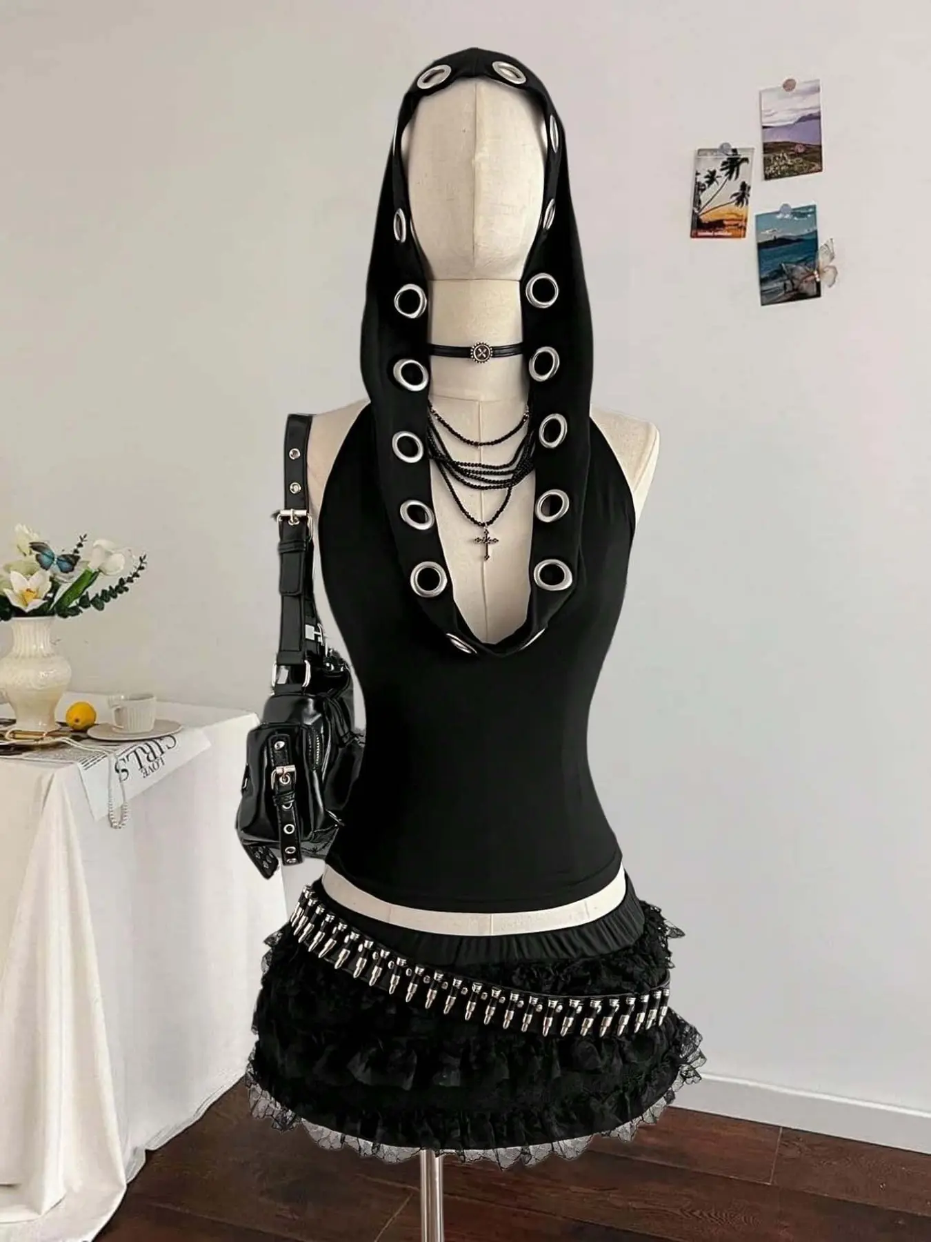 Dark Punk Metal Hole Hooded Knitted Elastic Tank Top, Deep V Slim Fit Sleeveless Y2K Crop Top, Unique Nightclub for Women