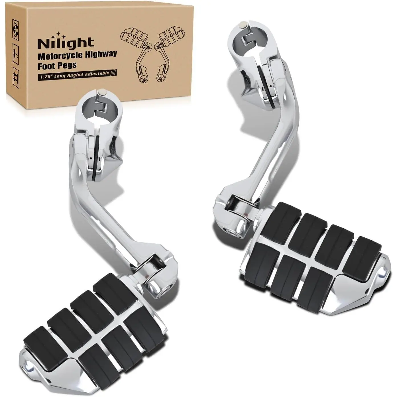 Nilight 1.25 in Aluminum Motorcycle Highway Pegs, Adjustable Long-Angled Easy-Install Footpegs for Harley Davidson Touring & Sportster, Fits 1-1/4 in Engine Guard Crash Bars, Chrome