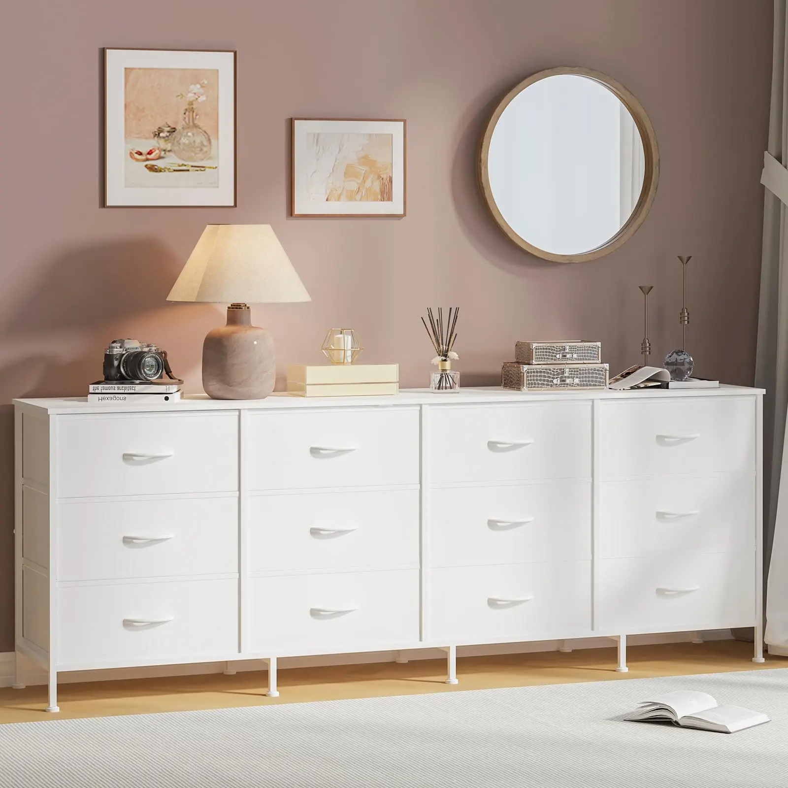 70-Inch Multi-Functional Dresser with Charging Port - 12 Fabric Drawers Bedroom Dresser, TV Stand for 65-80-Inch TVs, Wide Apartment Furniture Storage Cabinet for Living Room Entryway, Dresser For Bedroom