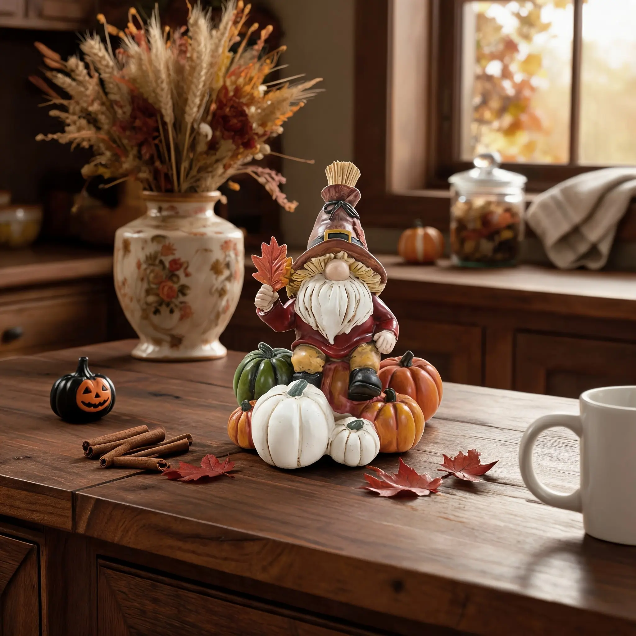 6.3 Inch Fall Harvest Resin Dwarf Statue, Holding Maple Leaf, Pumpkin Surround, Thanksgiving Halloween Desk Decor, Farmhouse Style, Holiday Gift
