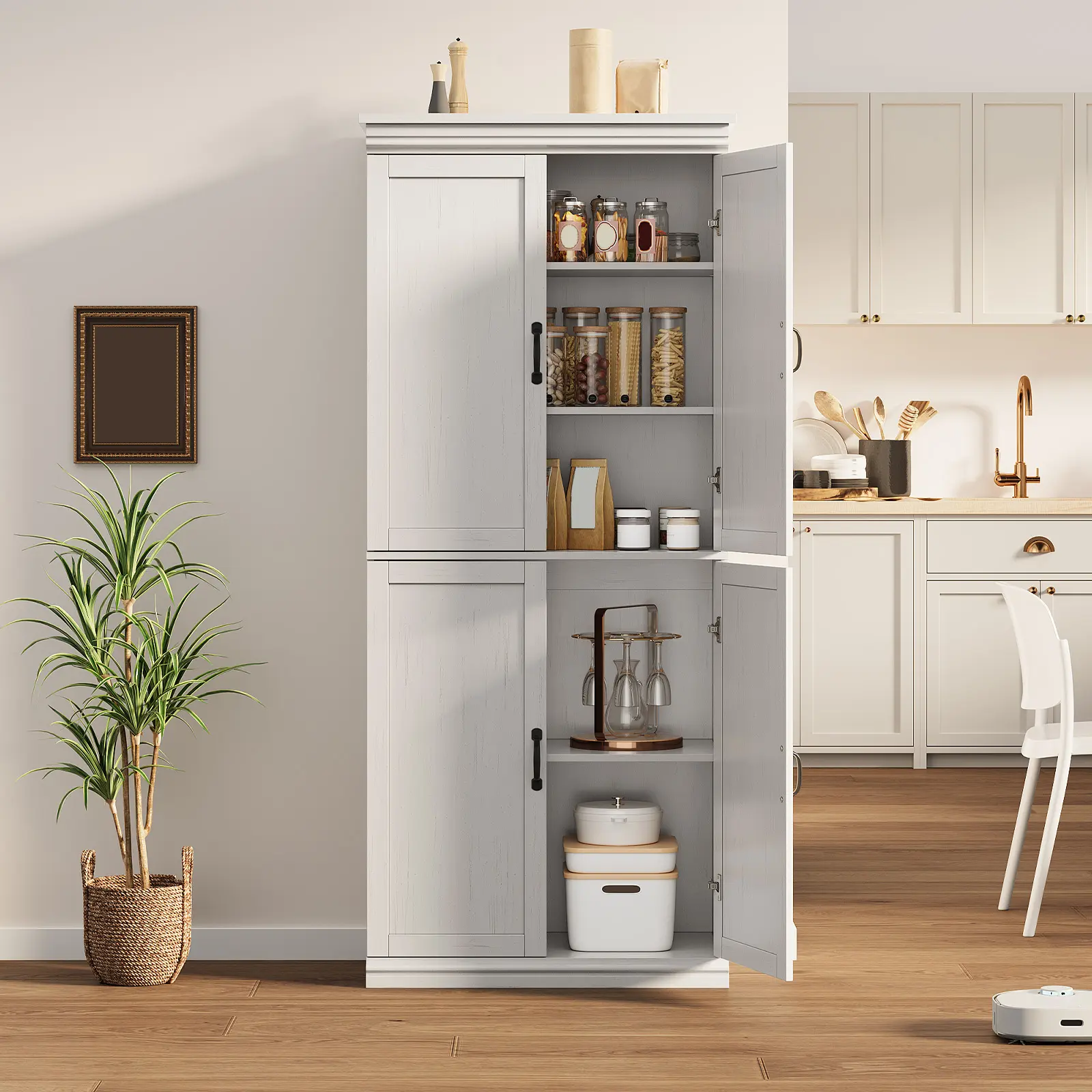 60" Kitchen Storage Pantry Cabinet, Farmhouse Deep Storage Cabinet with 3 Adjustable Shelves & 4 Doors, Large Rustic Wood Cupboard for Kitchen, Dining Room