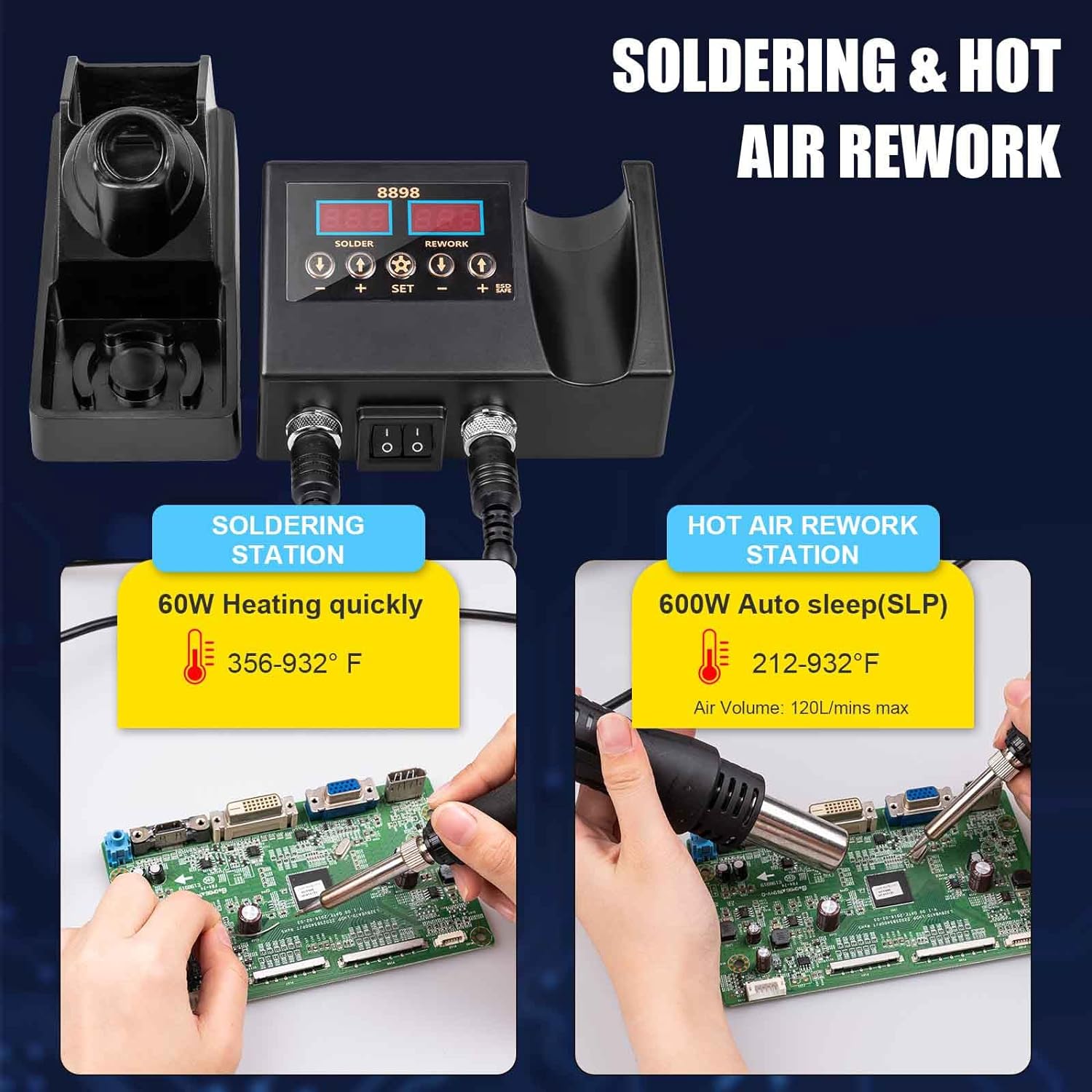 12 count Soldering Station, 2 in 1 Hot Air Functions Digital Display Soldering Iron Soldering Kit, 8898 Portable SMD Rework Station, oC/oF Cool/Hot Air Conversion and Auto Sleep