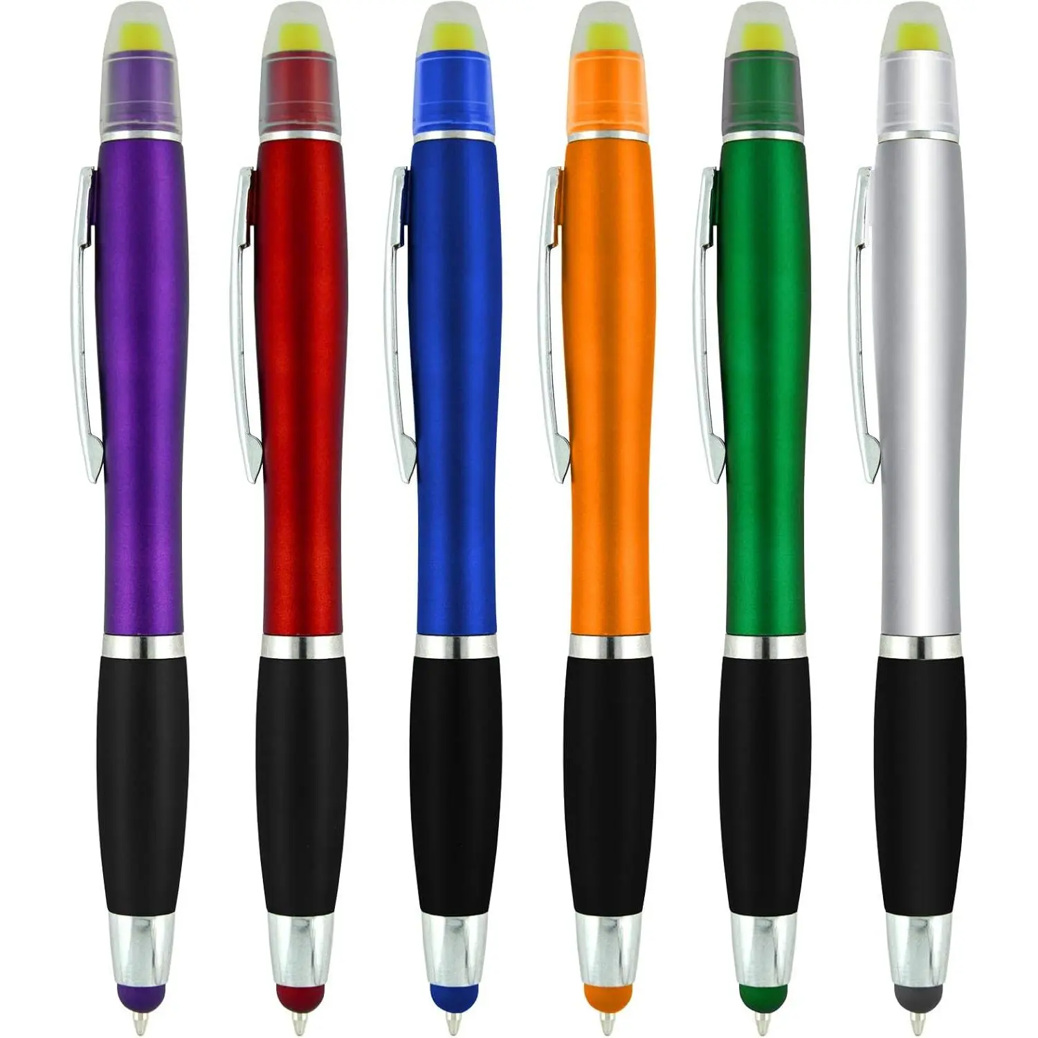 Highlighter with Pen and Stylus for Touchscreens, 3 in 1 Combo,  Yellow Highlighters,  Black Ballpoint Ink, Wax Gel Highlighters, Multi-Color , Pack of 12