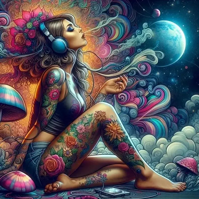 5D DIY Diamond Painting Kit - Psychedelic Space Moon Tattoo Girl With Headphones Pattern, Full Round & Square Drill Rhinestones, Crafting Kit With Drill Shapes, Handmade Wall Art Home Decor Gift for Living Room