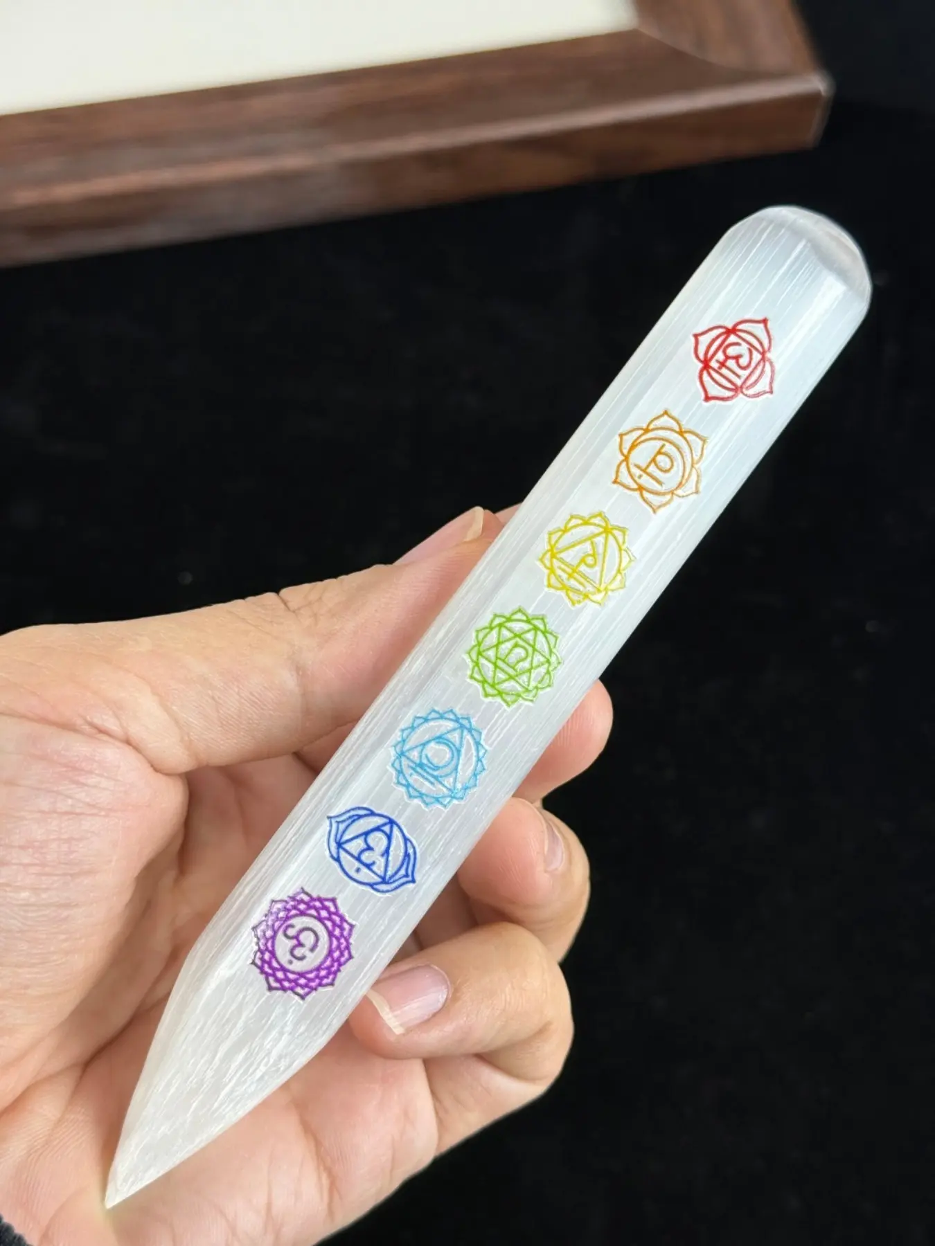 7 Chakra Selenite Crystal Wand for Cleansing, Selenite Chakra Wand with Colored Embossed Design, Natural Healing Tool for Energy Balance