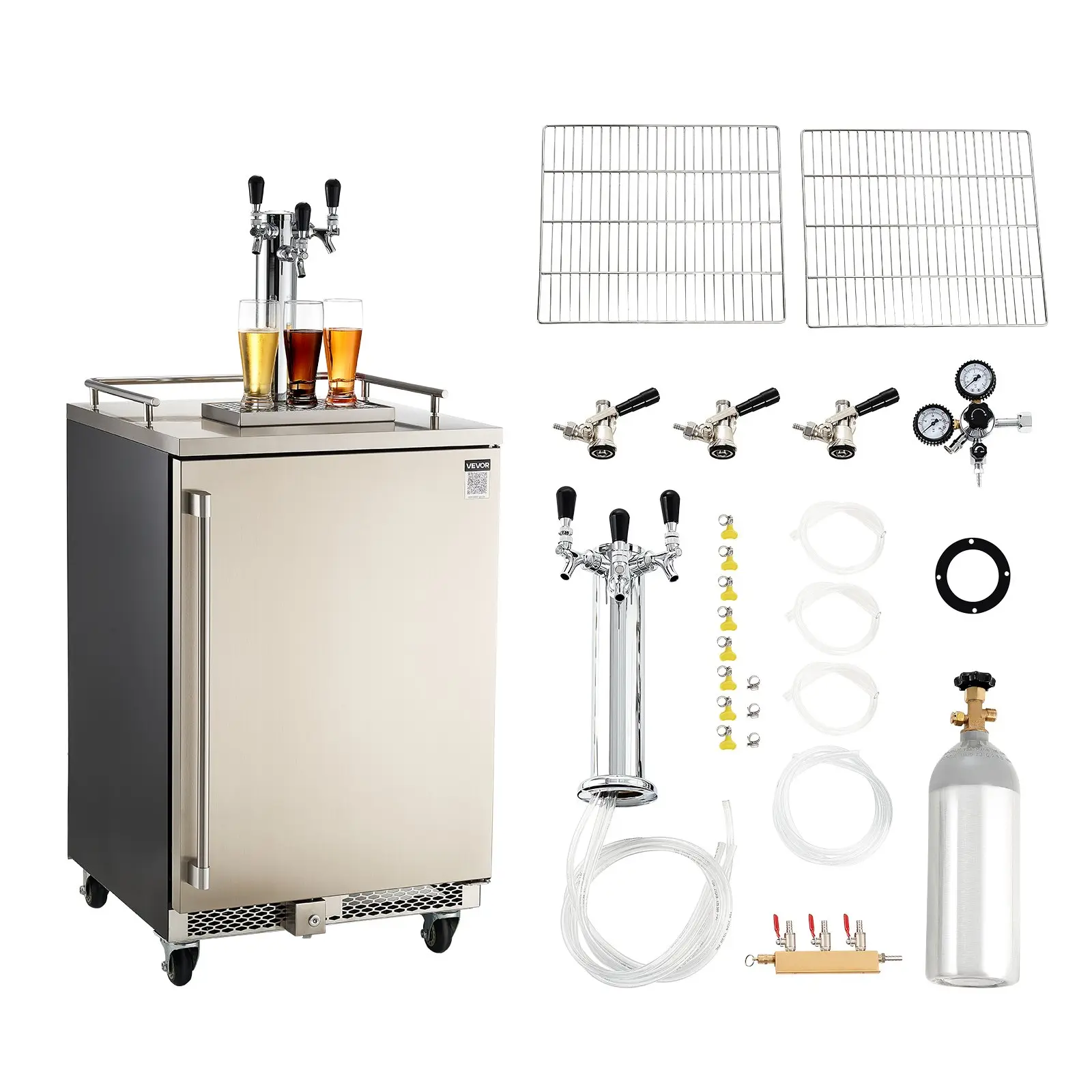 VEVOR Beer Kegerator, Triple Tap Commercial Draft Beer Dispenser for D system, Full Size Keg Refrigerator with 5lbs CO2 Tank, Hold 3 Sixth/ 2 Slim/ 3 Ball lock keg, 160L