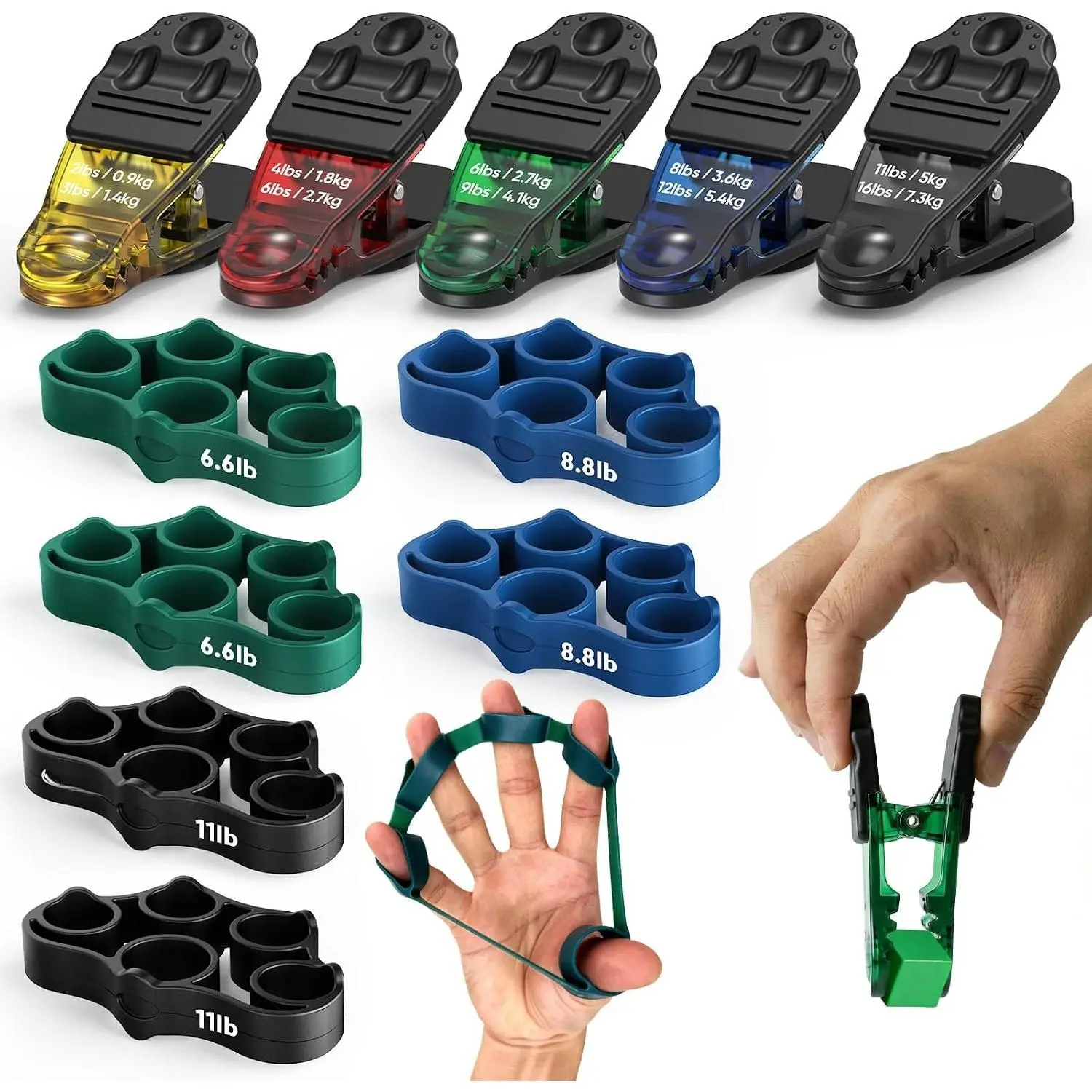Finger Exerciser Set, Pinch Clips & Finger Extension Bands for Hand , Grip Strength, Dexterity & Hand Rehab