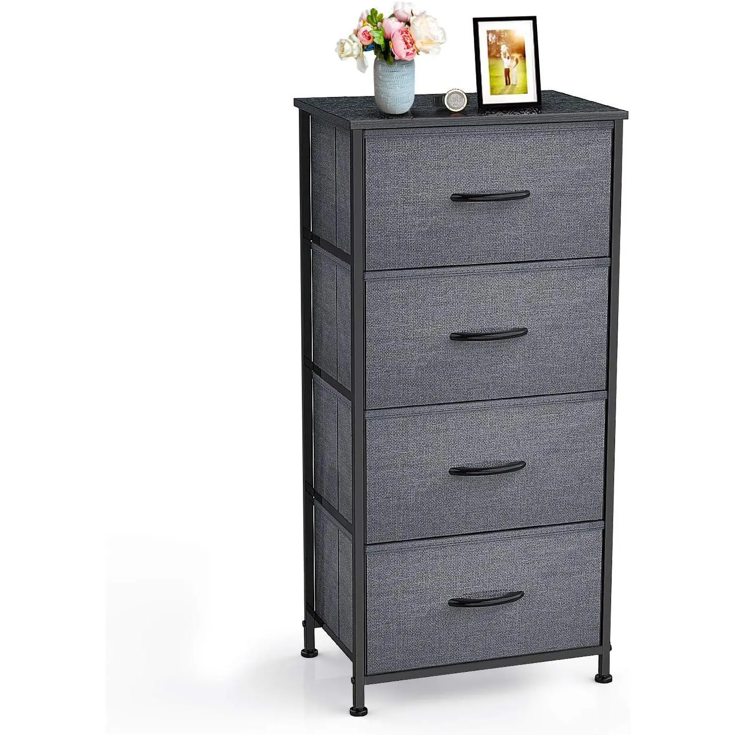 Nilight Rectangular Vertical Fabric Storage Tower - Single Unit, 4 Foldable Drawers, Steel Frame, Wide Wood Top, Easy-Pull Handles, Adjustable Legs, 17.72x11.81x37in, Black Grey, User Guide Incl. for Bedroom, Playrooms, Child Room, Vertical Tower, Dresser