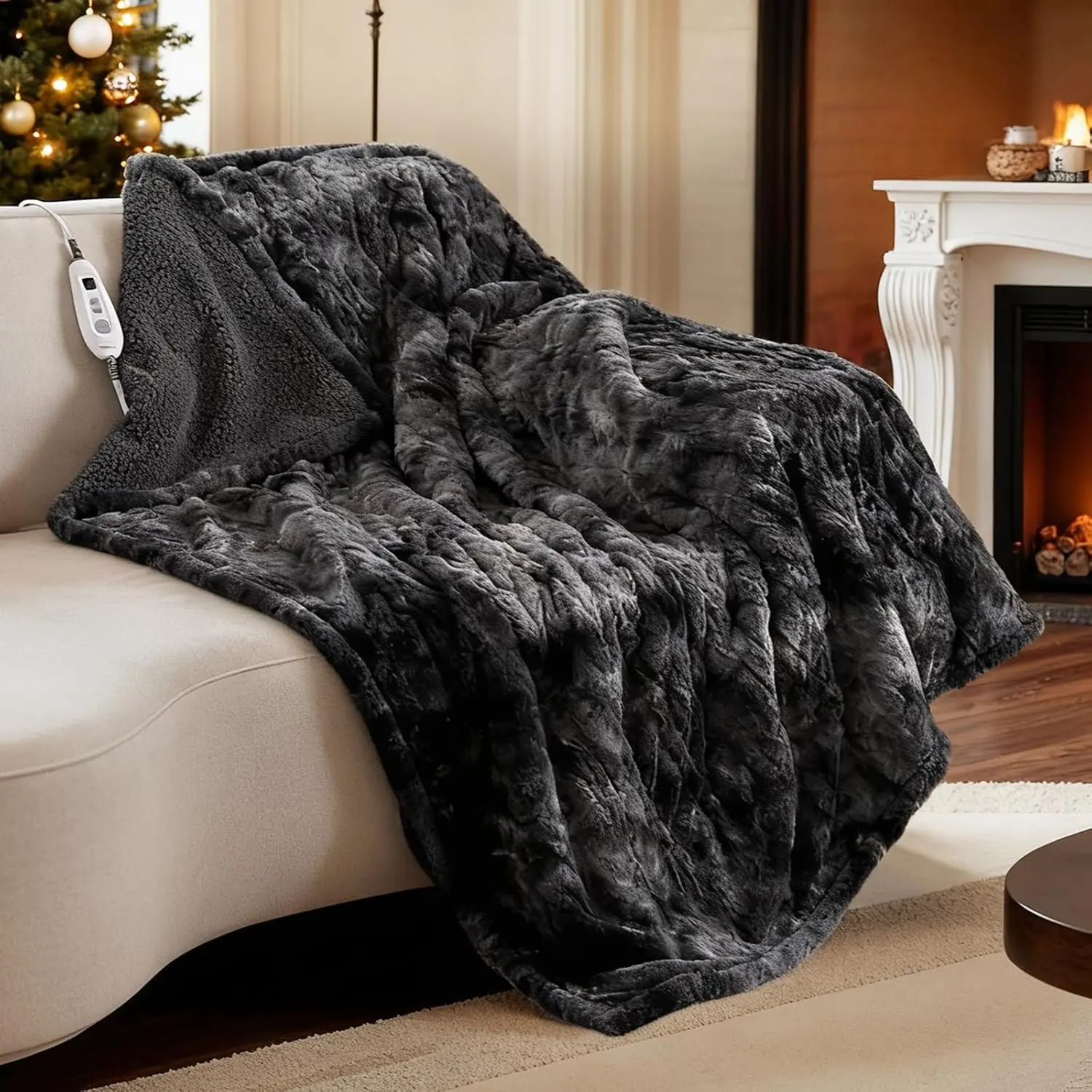 Heated Throw Blanket 50" x 60" Electric Throw Warming Blanket Reversible Faux  & Sherpa, 6 Heating Levels & 4H Auto Off, Over-Heat Protect, ETL, Washable Heated Blanket Marble Black