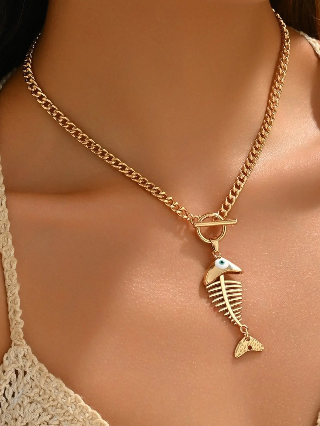 Creative Fishbone Design Collar Necklace, Cuban Link Design Chain, Street Style Daily Wear, Unique Personality Necklace for Women