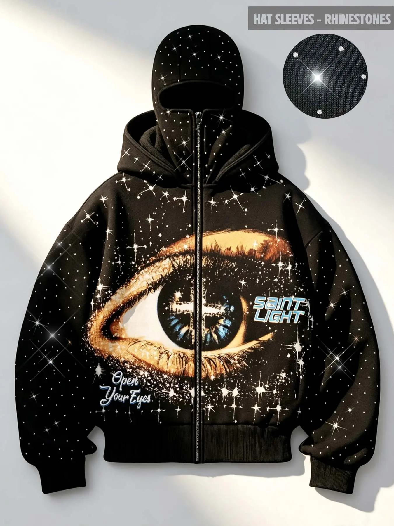 Y2K Retro Dark Aesthetic Streetwear Rhinestone-Studded Eye & Starry Sky Zip-Up Hoodie – Black, Fully Rhinestone-Embellished & Fleece-Lined; Unisex Oversized Fleece-Lined Hooded Jacket, Rhinestone Decor Hoodie