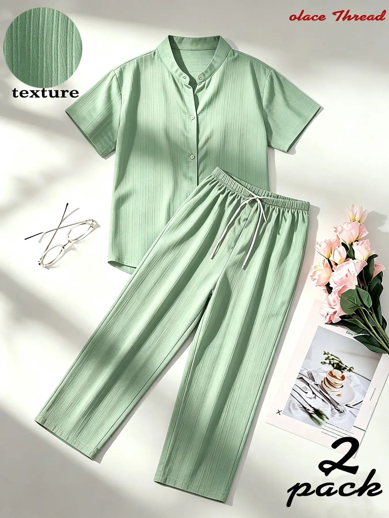 Unisex Stand Collar Button Pajama Set with Ribbed Texture Short Sleeve Top and Long Pants, Casual Homewear for Comfortable Sleep and Lounging lounge set Nightwear
