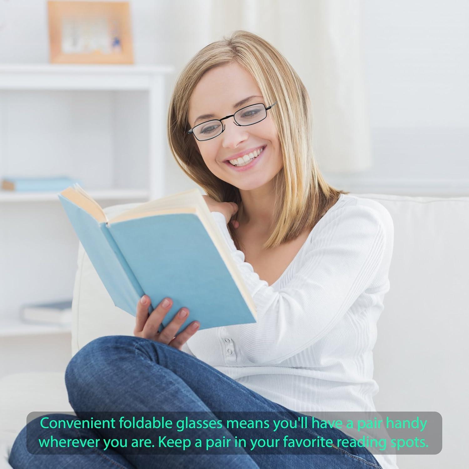 Reading Glasses 2 Pair Black and Gunmetal Readers Compact Folding Unisex Glasses for Reading Case Included